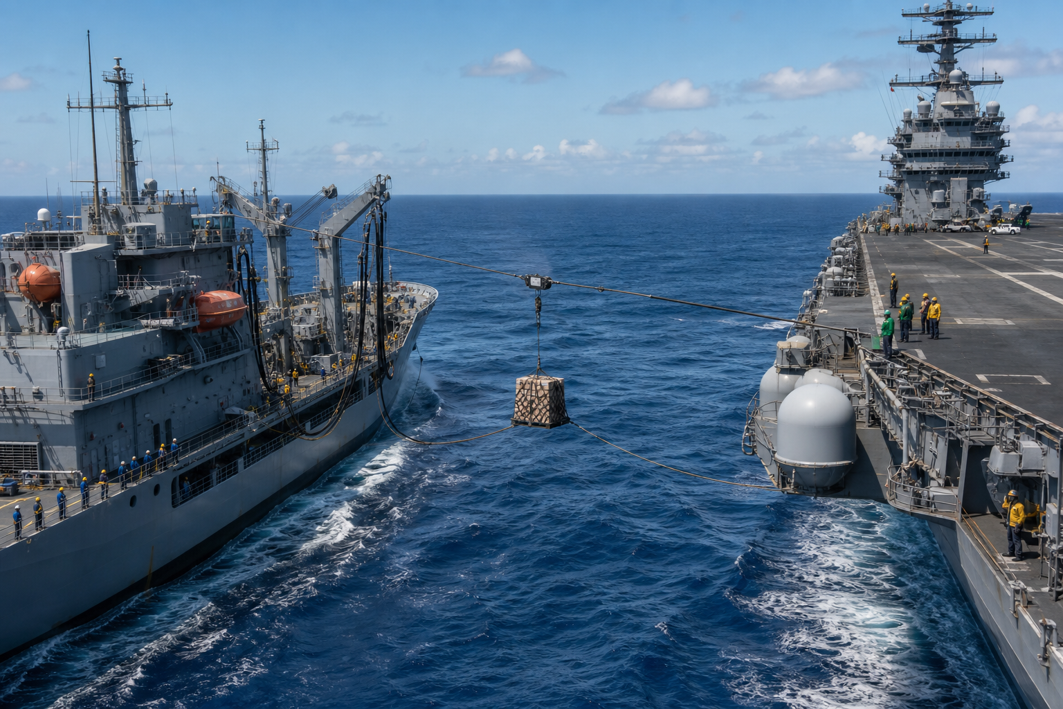 A naval supply ship transfers a pallet to an aircraft carrier during an underway replenishment