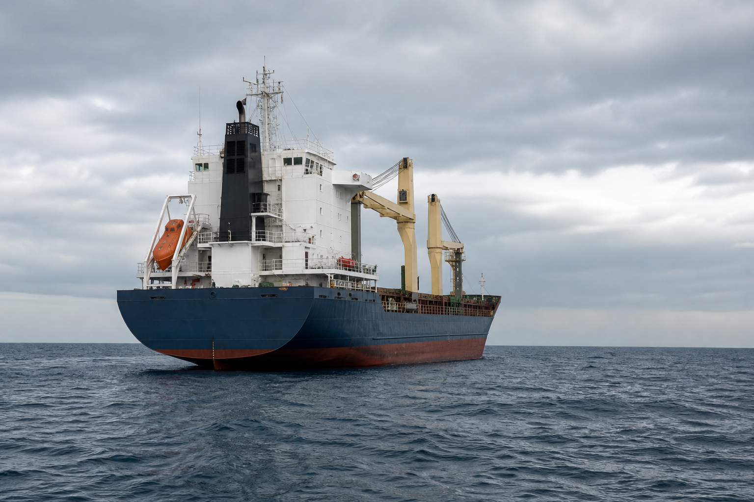 A multipurpose cargo ship viewed from its stern quarter while underway in the Pacific Ocean
